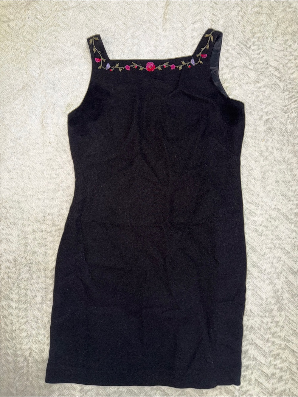Vintage Black Embroidered Square-Neck Mini Dress